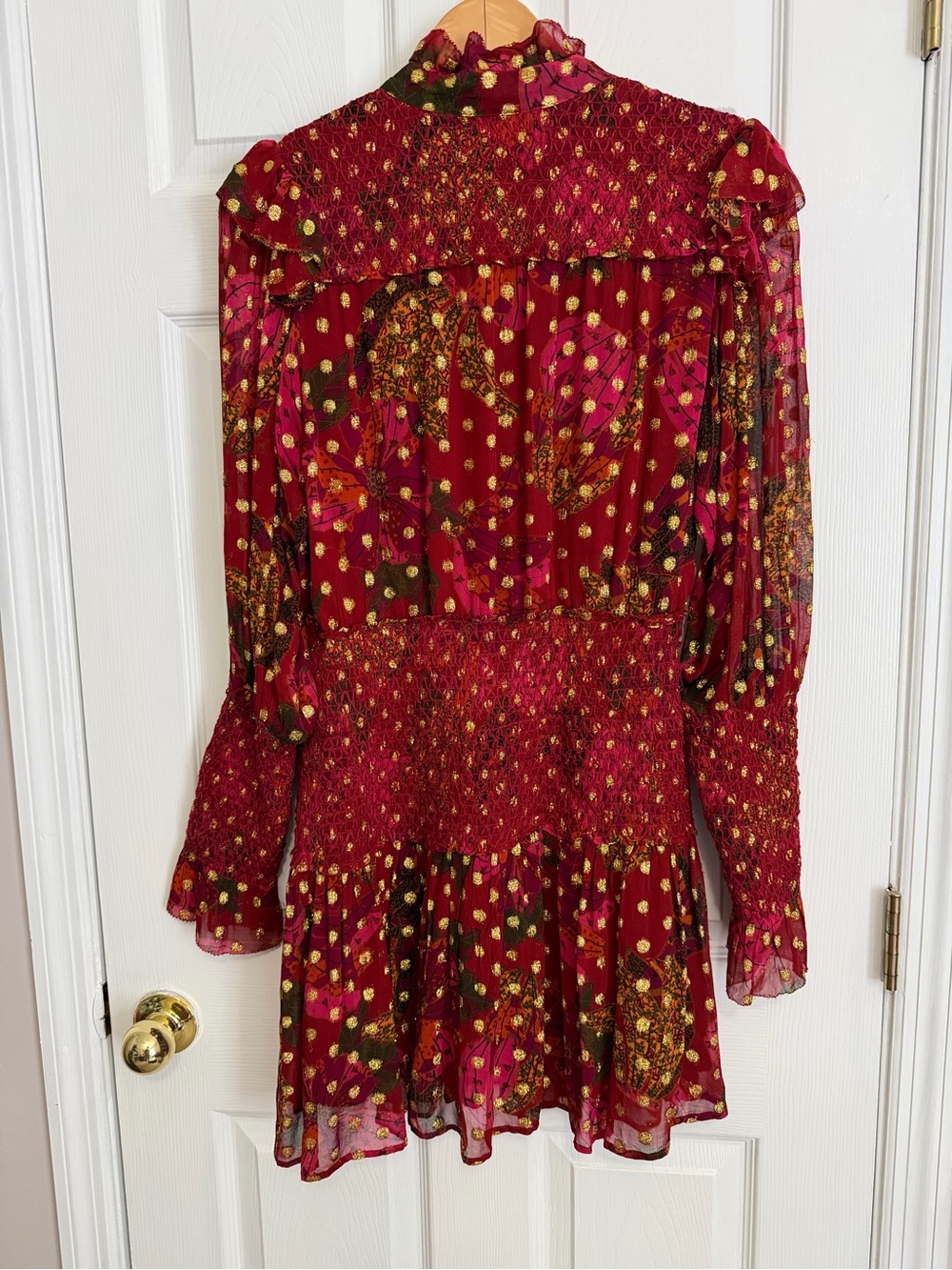 Farm Rio Banana Flowers Mini Dress Long Sleeve Ruffled Maroon Gold Size Medium - Picture 10 of 15